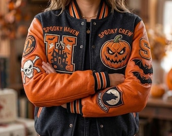 Halloween Varsity Jacket, Spooky Letterman Jacket, Custom Embroidered College Bomber, Gothic Baseball Retro, Halloween Gift