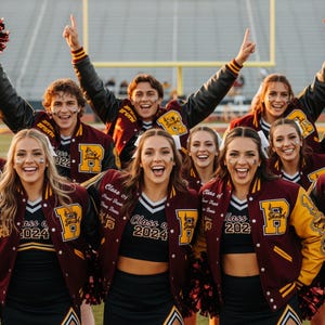 Może przedstawiać: Grupa uśmiechniętych cheerleaderek w bordowych i złotych kurtkach typu letterman z literą "P" z przodu. Kurtki mają czarne rękawy i są połączone z czarnymi spódnicami. Widoczny jest napis "Class of 2024".