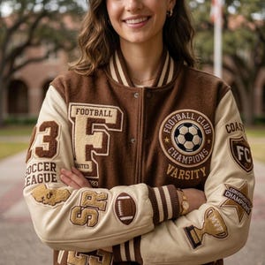 May include: A brown and cream varsity jacket featuring various embroidered patches including a large letter F, a soccer ball emblem with the text Football Club Champions Varsity, a trophy, a football, and the words Soccer League and Coast.