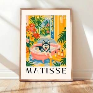 Husky in bathtub, Funny bathroom vanity art, Gift for dog lovers, Dog art print, Matisse wall art, Pink dopamine decor
