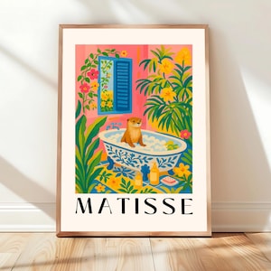Otter in bathtub art print, Henri Matisse wall art, Pink tropical bathroom decor, Animal art