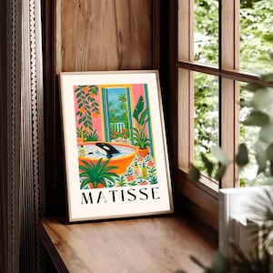 Orca in bathtub poster, Matisse print, Maximalist wall art, Pink beach house decor, Tropical dopamine wall art