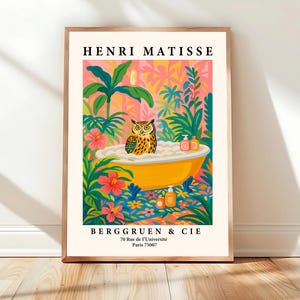 Impresión de búho en la bañera, obra de Henri Matisse, regalo para amantes de las aves, póster rosa, decoración moderna, arte de pared para baño rosa