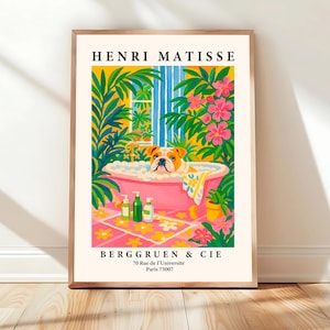 English Bulldog in bathtub, Funny bathroom wall art, Dopamine decor, Dog poster, Henri Matisse art, Tropical decor, Maximalist poster