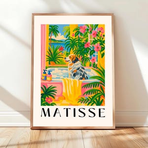Australian Shepherd in bathtub, Funny bathroom wall art, Henri Matisse dog art print, Gift for dog lovers, Pink dopamine decor