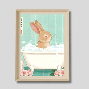 Cute bunny in bathtub funny poster, Ukiyo-e bathroom art, Rabbit print, Japanese aesthetic poster, Neutral relaxing artwork, Cute wall decor