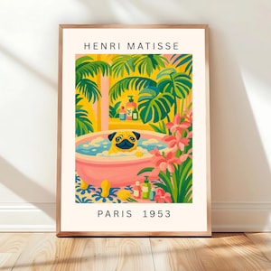 Pug in bathtub, Matisse print, Funny bathroom wall art, Dog art print, Gift for dog lovers, Pink dopamine decor, Maximalist tropical art