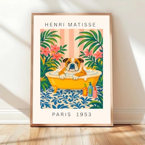 English Bulldog art print, Floral bathroom print, Dog wall art, Dopamine decor, Henri Matisse poster, Tropical decor, Aesthetic poster
