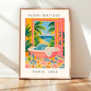 Decorazione murale per il bagno, Delfino nella vasca da bagno, Stampa di Henri Matisse, Divertente poster per il bagno, Decorazione tropicale rosa