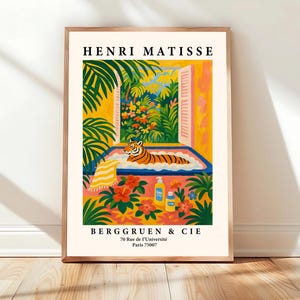 Affiche humoristique représentant un tigre dans une baignoire, décor Dopamine, imprimé Matisse, art mural de salle de bain tropical, imprimé d&#39;art rose de plage
