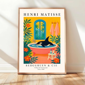 Orca in bathtub art print, Pink tropical print, Henri Matisse art, Animal poster, Whale print, Bathroom decor
