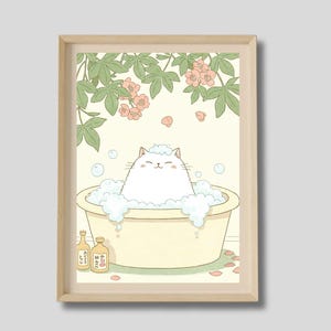 Cute white cat in a bathtub, Japanese bathroom print, Japan funny poster, Cat wall art, Aesthetic minimalism, Japandi wall art