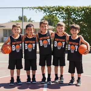 Peut inclure: Cinq enfants portant des maillots de basket-ball noirs avec les mots "BIRTHDAY BOY" et un graphisme de ballon de basket. Chaque enfant tient un ballon de basket-ball orange. Ils se tiennent sur un terrain de basket-ball.