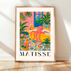 Funny octopus art print, Maximalism wall art, Henri Matisse art, Pink tropical print, Nautical poster, Whale print, Bathroom decor