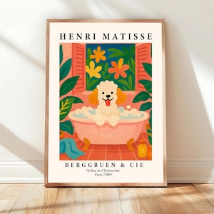 Toy poodle in bathtub, Aesthetic pink bathroom wall art, Henri Matisse art print, Gift for dog lovers, Dopamine decor, Funny dog poster