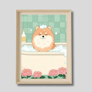 Pomeranian in a bath, Japanese style bathroom print, Vintage Japan poster, Funny dog poster, Aesthetic Japandi wall art