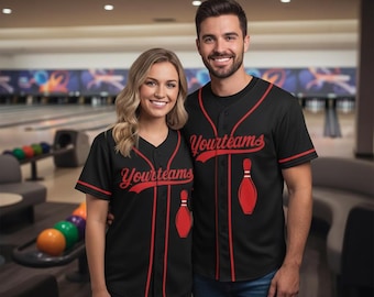 May include: Two people wearing black baseball jerseys with red accents. The jerseys have the text "Yourteams" in red script across the chest and a red bowling pin graphic. The jerseys are button-down with red trim.