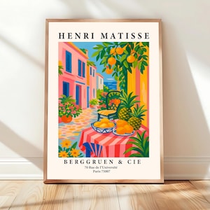 Muurkunst van een fruitmarkt uit het midden van de vorige eeuw, Henri Matisse-print, Maximalistische poster, roze dopamine-decor