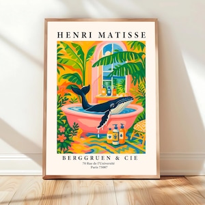 Humpback whale in bathtub poster, Beachy dopamine decor, Matisse art print, Maximalist wall art, Pink beach house decor