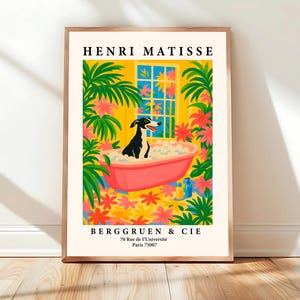 Greyhound in bathtub, Funny bathroom decor, Henri Matisse dog art print, Dopamine decor, Maximalist wall art, Pink poster