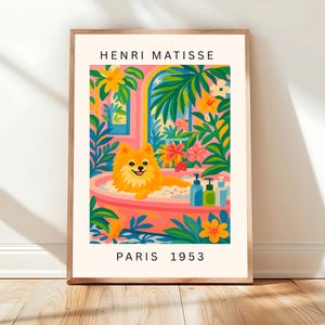 Pomeranian in bathtub, Dog art print, Pink dopamine decor, Matisse wall art, Funny bathroom poster for dog lovers