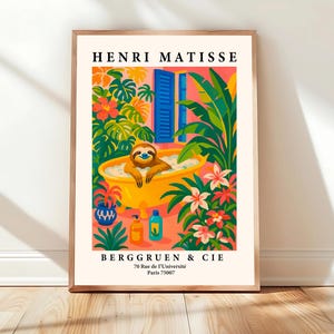 Sloth in bathtub art print, Matisse print, Bathroom poster, Pink tropical wall art, Animal print