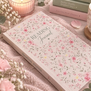 May include: A rectangular reading journal with a light pink cover featuring a dense pattern of small pink flowers and green leaves. The front cover displays the text Reading Journal in a mix of serif and script fonts with a small heart icon.