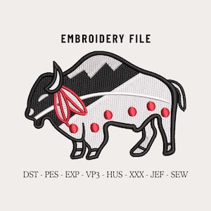 May include: An embroidery file featuring a stylized bison design. The bison is primarily white with black accents, including a mountain range pattern and a black outline. Red accents include small circles and a decorative element near the head. The text "EMBROIDERY FILE" is at the top.
