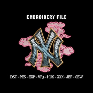 Pode incluir: Um design de arquivo de bordado com o logotipo dos New York Yankees em um design estilizado. O logotipo é em tons de azul, cinza e dourado, com detalhes de nuvens rosa. O texto "EMBROIDERY FILE" está no topo.