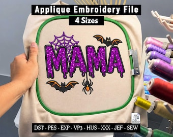 Halloween Mama Applique Embroidery Design, Spooky Glitter Machine Embroidery File for Sweatshirts Hoodies Crewneck, 4 Sizes PES Download