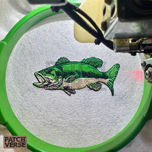 Bass fish embroidery design file stitched in a realistic largemouth bass style, professionally digitized for hats and caps. This fishing embroidery file is optimized for dad hats, trucker hats, and snapback caps, featuring clean outlines and smooth fills for outdoor, angler, and fishing brand projects. Perfect for machine embroidery on fishing hats, custom caps, and 
outdoor apparel.