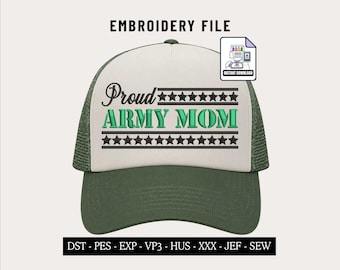 Proud Army Mom Embroidery Machine Design File for Caps, Custom Mom Hat PES File, Armed Forces Military Patriotic Hat, Mothers Day Hat Gift
