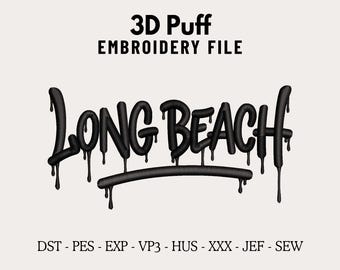 Long Beach 3D Puff Embroidery Machine Design File for Hats, Street Style Graffiti Font, Hat Embroidery Files,Custom Dad Hat Digitizing PES