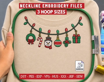 Christmas Sweatshirt Neckline Embroidery Design, Holiday Garland Machine Embroidery File for Crewnecks, 3 Hoop Sizes Digital Download