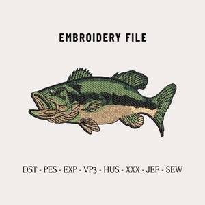 May include: An embroidery file design featuring a detailed illustration of a largemouth bass. The fish is rendered in shades of green, brown, and black, with text above reading "EMBROIDERY FILE". Below the fish are file type abbreviations.