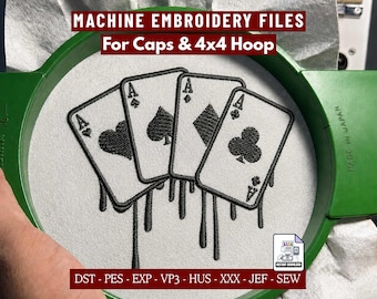 Four Aces Dripping Cards Embroidery Design, Poker Playing Card Machine Embroidery File for Hats Caps, 4x4 Hoop Digital Download