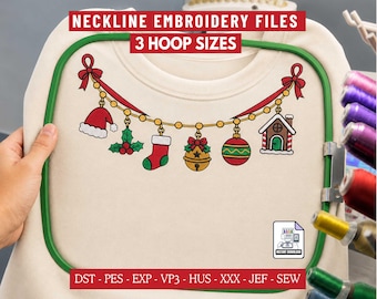 Christmas Sweatshirt Neckline Embroidery Design, Holiday Garland Machine Embroidery File for Crewnecks, 3 Hoop Sizes Digital Download
