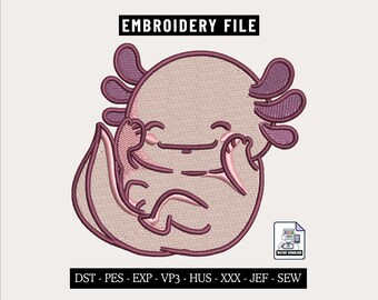 Cute Axolotl Embroidery Machine Design Files for 4x4 Hoop, Kawaii Pet Animal PES file, Small Patch DST, Trendy Kids Embroidery Files DST