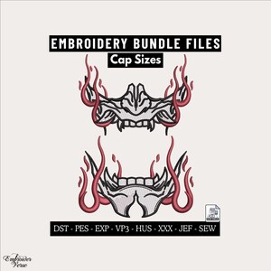 Puede incluir: Archivos de bordado para gorras con dos diseños de máscaras en blanco y negro con detalles de llamas rojas. El texto dice EMBROIDERY BUNDLE FILES, Cap Sizes y DST - PES - EXP - VP3 - HUS - XXX - JEF - SEW. El logotipo Embroider Verse es visible.