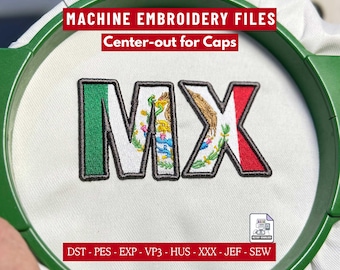 MX Mexico Flag 3D Puff Embroidery Design for Hats, Center-Out Cap Digital Embroidery File DST