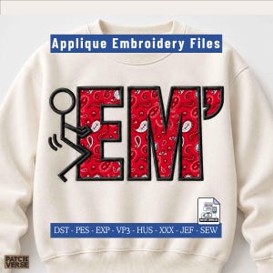 Puede incluir: Una sudadera color crema con un diseño de bordado aplicado de una figura de palo y las letras EM con un patrón de cachemira rojo. El texto Applique Embroidery Files y DST - PES - EXP - VP3 - HUS - XXX - JEF - SEW es visible.