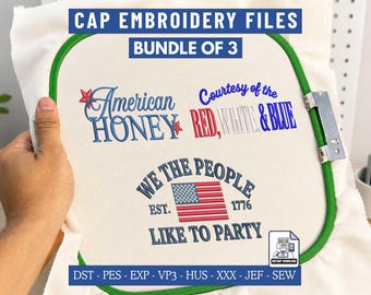 Patriotic Cap Machine Embroidery Bundle of 3, American Honey, Red White Blue, We the People Designs for Caps PES DST