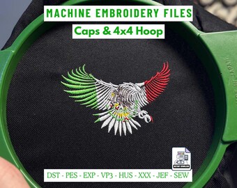 Mexican Eagle Embroidery Design for Caps, Center-Out Mexico Flag Machine Embroidery, 4x4 Hoop