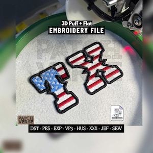May include: An embroidery file design featuring the letters TX in a 3D puff and flat style. The T is filled with a blue field of white stars and red and white stripes, while the X features red and white stripes. The design includes black borders.