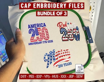 America 250 Anniversary Machine Embroidery File Bundle of 3, Patriotic 1776-2026 Designs for Caps PES DST
