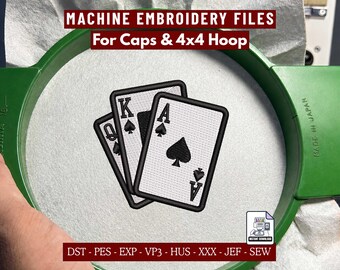 Ace King Queen of Spades Embroidery Design, Playing Card Machine Embroidery PES File for Hats Caps, 4x4 Hoop Poker Digital Download