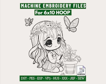 Chibi Kawaii Girl Embroidery Design, Cute Gardening Girl Line Art Machine Embroidery File for 6x10 Hoop, Sweatshirts Tote Bags