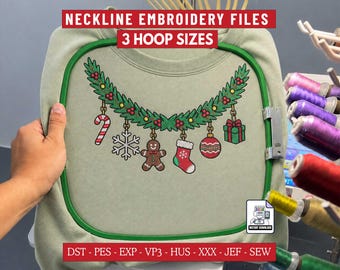 Christmas Garland Neckline Embroidery Design, Holiday Machine Embroidery File for Sweatshirts Crewnecks, 6, 7, and 8 Inch Hoop Sizes