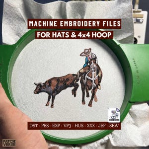 May include: Machine embroidery design featuring a cowboy on horseback roping a steer, centered in a green 4x4 inch hoop. The text reads MACHINE EMBROIDERY FILES FOR HATS & 4x4 HOOP and DST - PES - EXP - VP3 - HUS - XXX - JEF - SEW with an icon.