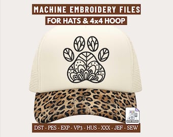 Mandala Dog Paw Print Embroidery Design, Pet Machine Embroidery for Hats & 4x4 Hoop